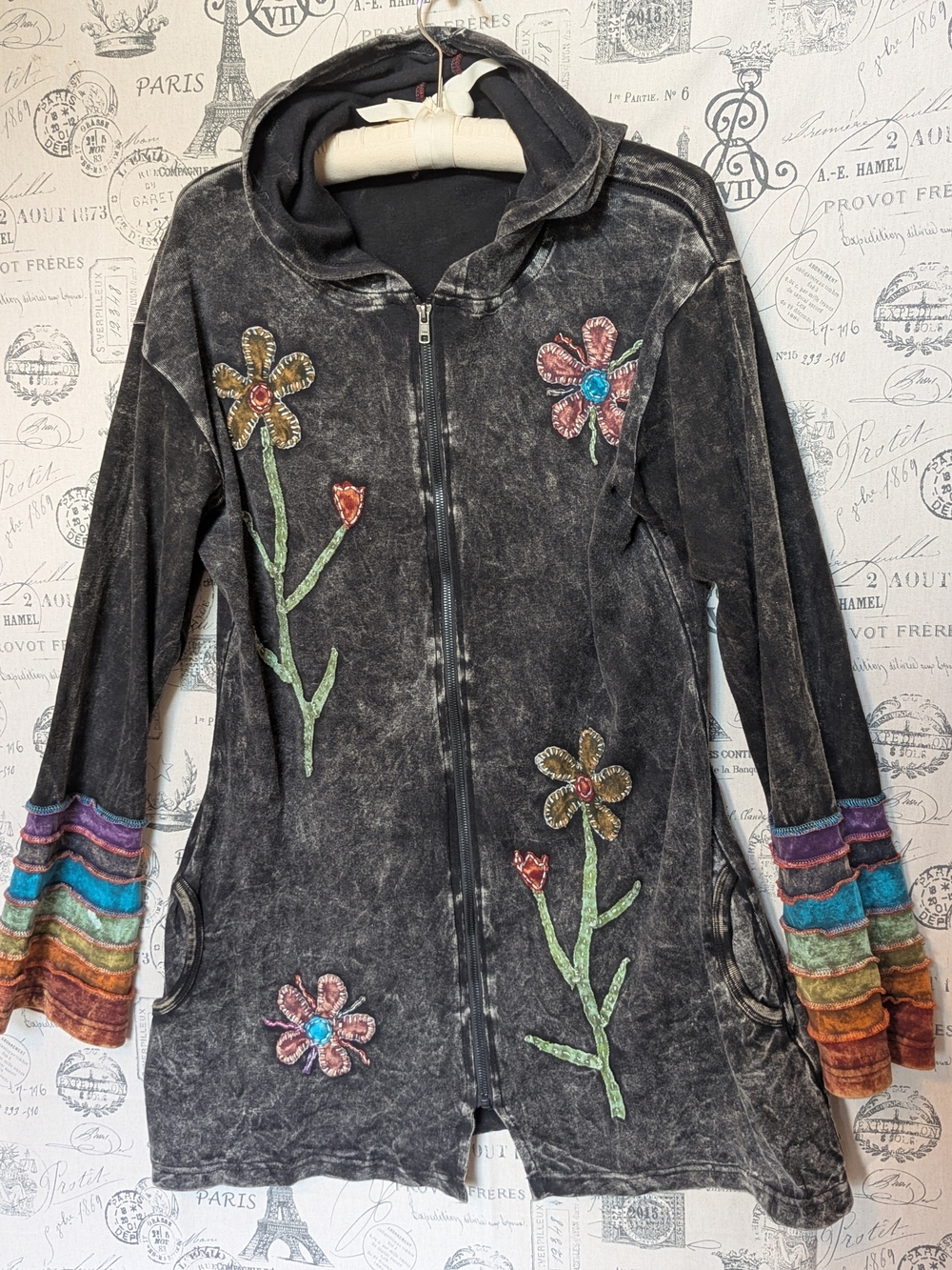 Rising Intl. Nepalese Mineral Washed Floral Hooded Zip Jacket w/ Rainbow Cuffs